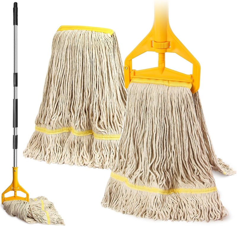 Hakfhsd 2 Pack 20ozCommercial Mop Heavy Duty Industril Cotton Mop, Cotton Commerical Industrial Grade Mop Replacements Heads for Home,mops for Floor Cleaning Heavy Duty,with 63'' Stainless Steel Mop Handle - Image 1